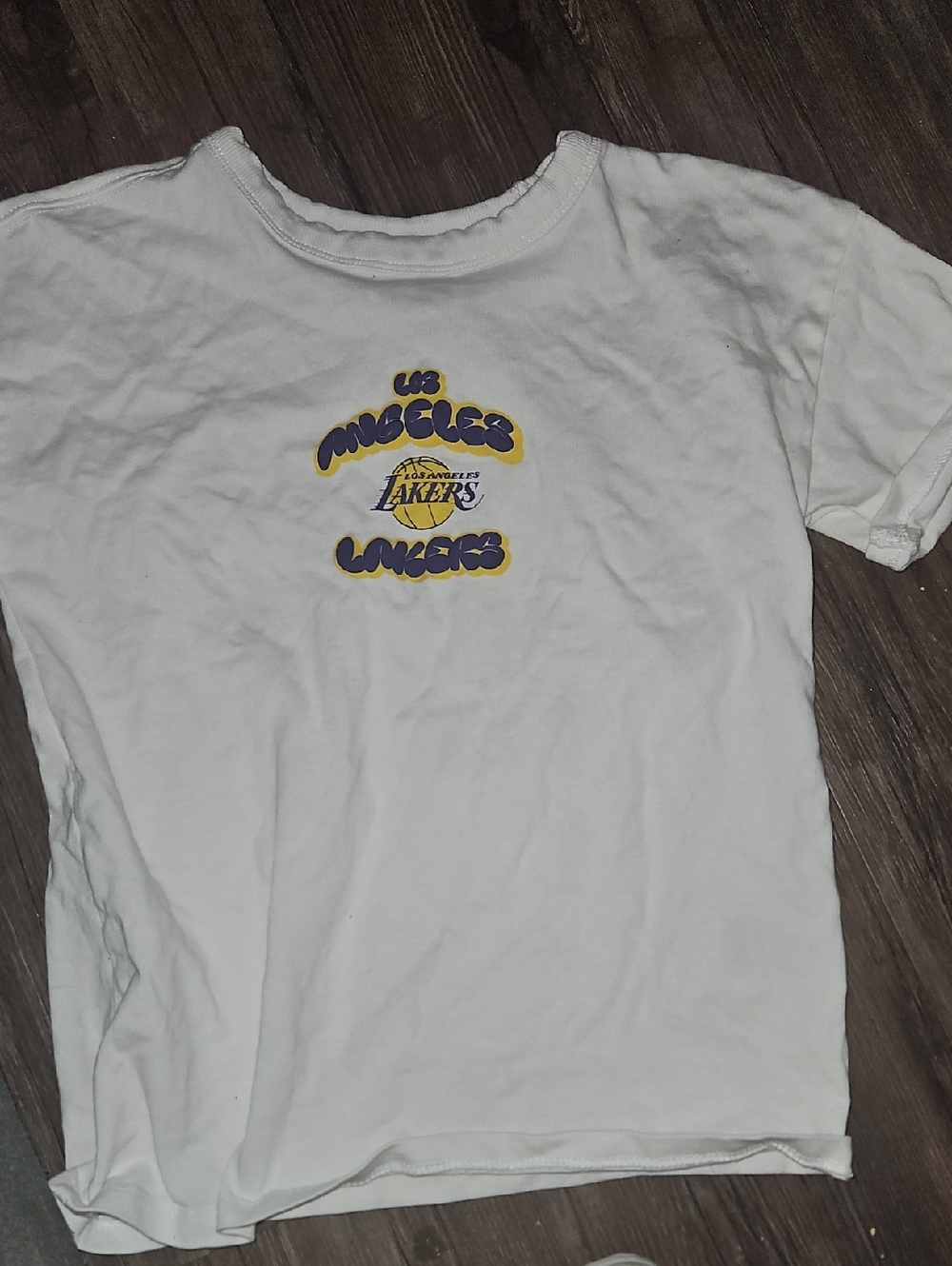 Worn 2x Cotton On White Kids Size 7 Lakers Graphic Tee with Purple & Yellow Logo